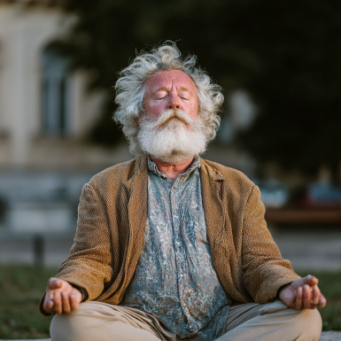 Група літніх людей займається йогою в затишному залі